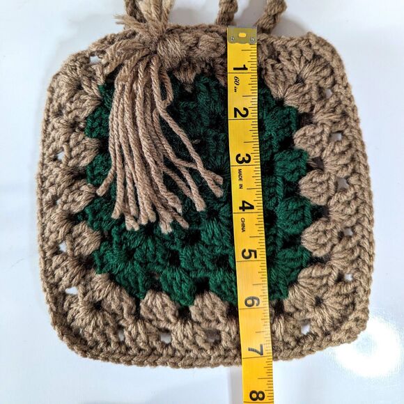 Vintage Handmade Granny Square Shoulder Purse Bag Green Beige Crochet Knit Mini - Picture 6 of 8